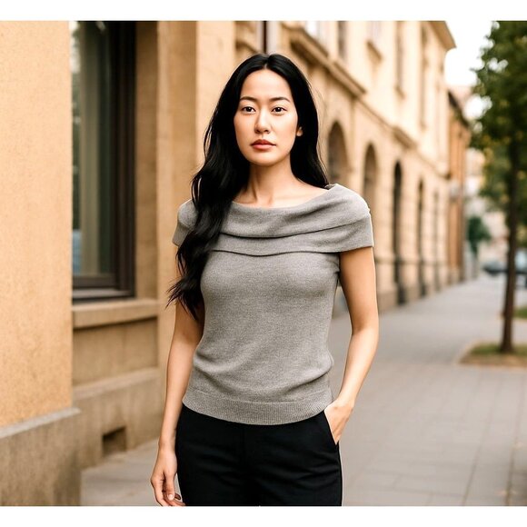 Saks Fifth Avenue Off The Shoulder Cashmere Wool Blend Knit Sweater Gray Sz Sm - Picture 1 of 11